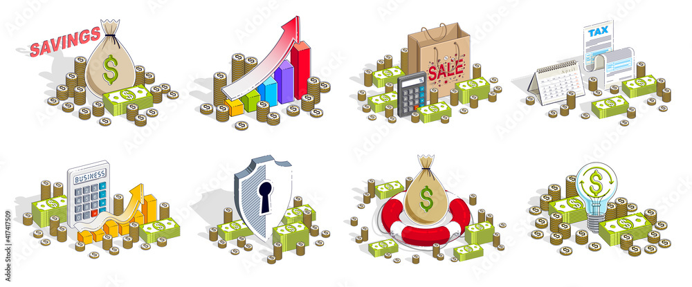Business and finance concepts 3D vector illustrations set isolated on white background, money theme conceptual design collection, savings, bank, contract, income, safety, online.