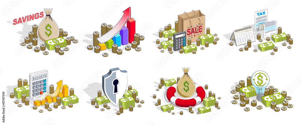 Business and finance concepts 3D vector illustrations set isolated on white background, money theme conceptual design collection, savings, bank, contract, income, safety, online. Business and finance concepts 3D vector illustrations set isolated on white background, money theme conceptual design collection, savings, bank, contract, income, safety, online.