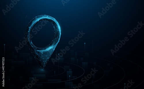 Technology navigator pin checking in a location on the map diagram. Lines, triangles, and particle style design. Vector illustration