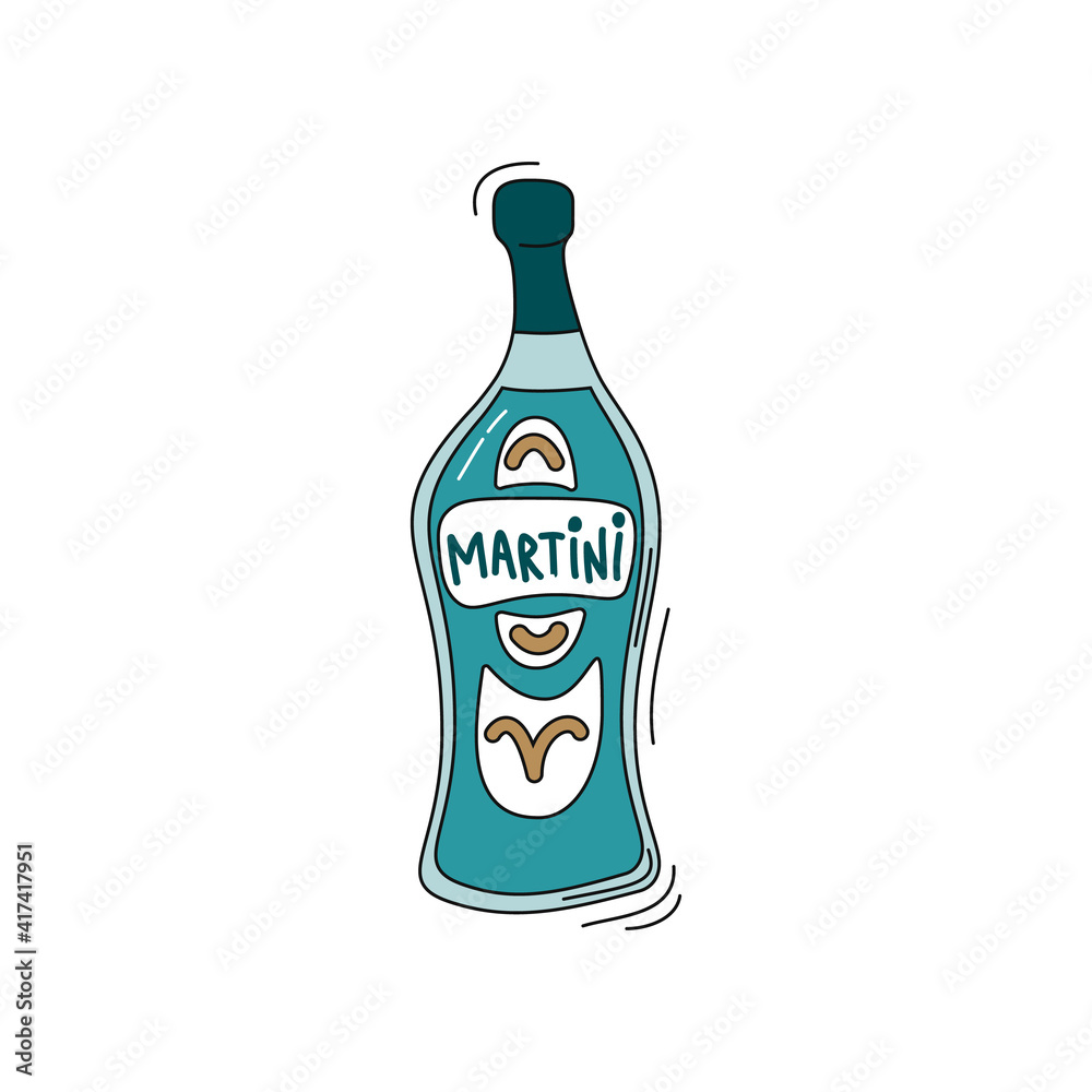 Martini on white background. Cartoon sketch graphic design. Doodle style with black contour line. Hand drawn bottle. Party drinks concept. Freehand drawing style