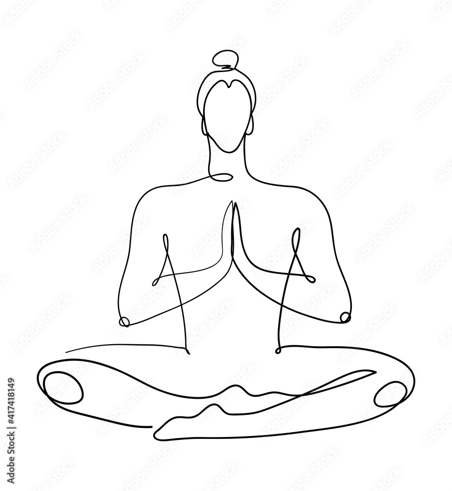 Continuous graphic drawing of one line. The meditating man sits in the lotus position. The