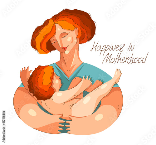 Mother and child vector illustration in special personal style, motherhood happiness, parenting family and care, loving hugging hands, happy beloved kid.