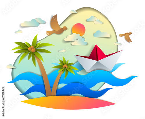 Origami paper ship toy swimming in ocean waves with beach and palms, beautiful vector illustration of scenic seascape with toy boat floating in sea and birds in sky. Water travel, summer holidays.
