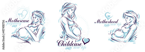 Pregnant woman vector hand drawn illustrations set isolated on white background, prenatal pregnancy baby shower theme, beautiful female motherhood new life.