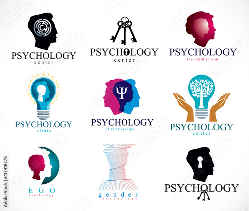 Psychology, brain and mental health vector conceptual icons or logos set. Relationship and gender psychology problems and conflicts, psychoanalysis and psychotherapy, personality and individuality.