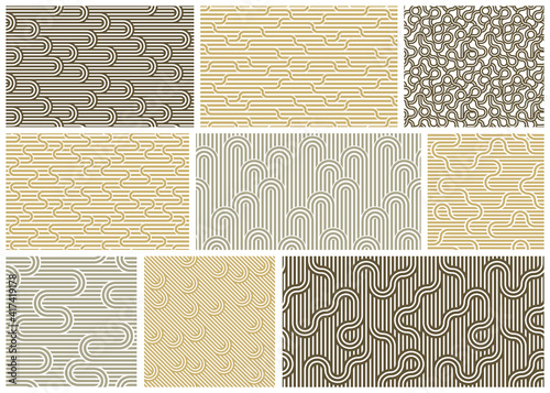 Seamless patterns with twisted lines, vector linear tiling backgrounds set, stripy weaving, optical maze, twisted stripes.