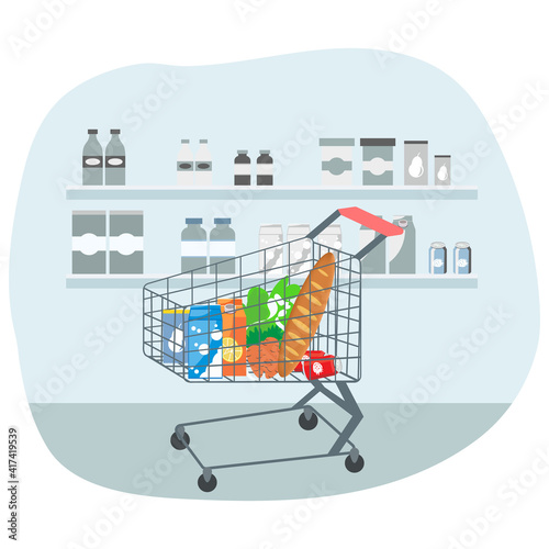 Flat illustration of store shelves and shopping carts. Miscellaneous products: juice, milk, bread, carrots. Shelves behind the trolley in gray