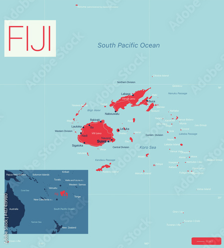 FIJI detailed editable map with regions cities and towns, roads and railways, geographic sites. Vector EPS-10 file