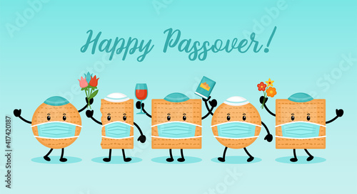 Passover holiday banner design with matzah funny cartoon characters with face medical mask