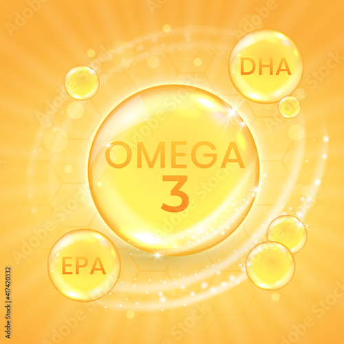 Omega-3 fatty acid supplement, shiny oil vitamin capsule. Fish oil droplet design template for advertisement or branding. Realistic vector illustration of golden essence bubble of dietary nutrition