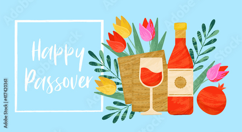 Passover Pesah holiday banner design with matzah, wine and spring flowers. Greeting card or seder party invitation template photo