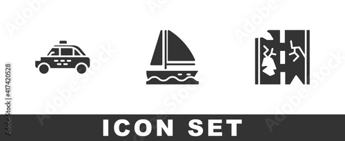 Set Taxi car, Yacht sailboat and Broken road icon. Vector.