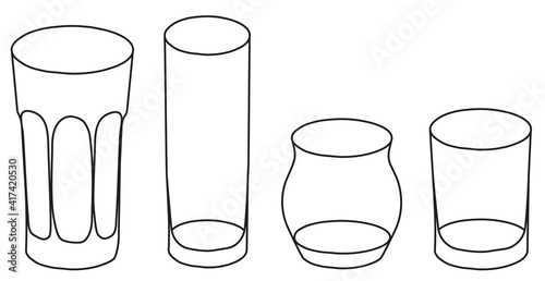 Stylish hand-drawn doodle cartoon style vector illustration. Collection of tumbler bar cocktail glasses including highball old fashioner double whiskey rocks and Collins.