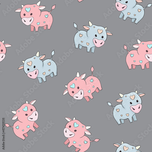 Seamless pattern with cartoon bulls symbol of 2021. The illustration of bulls with hearts is suitable for the design of children's things, packaging, scrapbooking, textiles, fabrics, wallpapers, paper