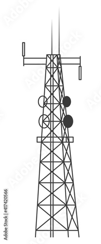 Transmission cellular tower. Mobile and radio communications tower with antennas for wireless connections. Outline vector illustration isolated on white background.