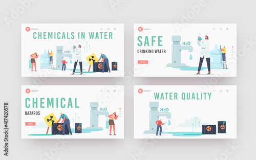 Chemicals in Water Landing Page Template Set. Tiny Scientist Female Character Hold Beaker Research Water Sample in Lab