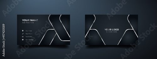 Luxury business card design with abstract metallic lines. New geometric shape with elegant design. Elegant dark gradient background. Vector illustration print template.