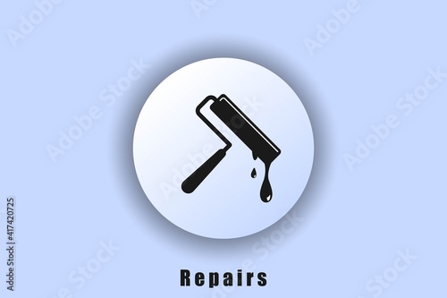 Roller with drops. Repair icon. Logo repair. Paint rollers. User interface icon. White web button neomorphism. Vector EPS10