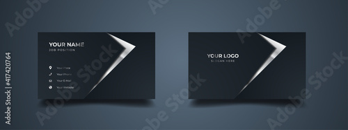 Futuristic business card design. Modern shape with abstract silver. Luxury dark gradient background. Vector illustration print template.