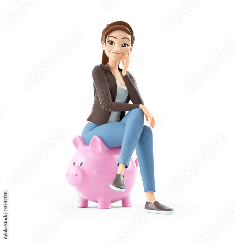 3d cartoon woman sitting on piggy bank photo