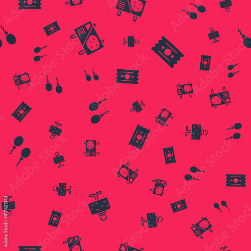 Set Magic ball on table, Amusement park billboard, Balloons and Ticket on seamless pattern. Vector.