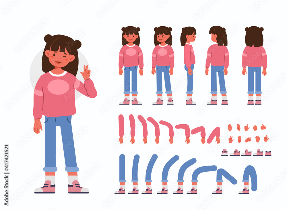 Little Girl  Character Constructor for Animation.  Front, Side and Back View. Cute Kid wearing Trendy Clothes in Different Postures. Body Parts Collection. Flat Cartoon Vector Illustration. - obrazy, fototapety, plakaty 