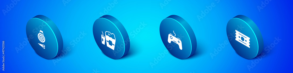Set Isometric Classic dart board and arrow, Gamepad, Ticket and Popcorn in box glass icon. Vector. Set Isometric Classic dart board and arrow, Gamepad, Ticket and Popcorn in box glass icon. Vector.