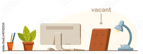 Work desk flat illustration isolated over white, office or home working place vector modern illustration, empty chair nobody vacant job concept, comfortable space for work.