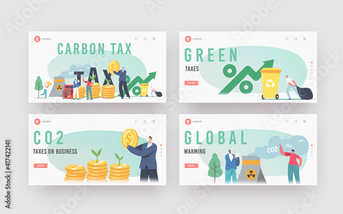 Green Co2 Taxes Landing Page Template Set. Tiny Characters at Huge Coins with Sprouts Growing and Factory Emitting Smoke