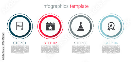 Set USA on graphic tablet, Calendar with date July 4, Party hat and Medal star. Business infographic template. Vector.