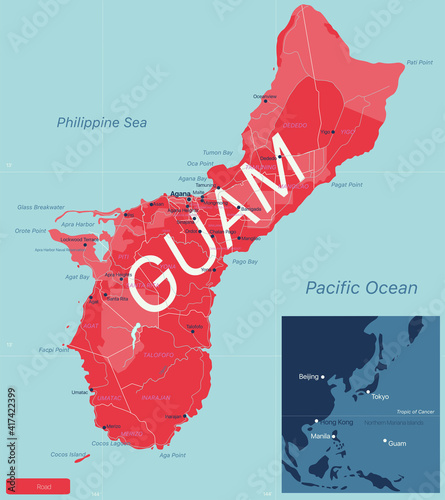 GUAM detailed editable map with regions cities and towns, roads and railways, geographic sites. Vector EPS-10 file photo