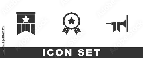 Set American flag, Medal with star and Trumpet icon. Vector.