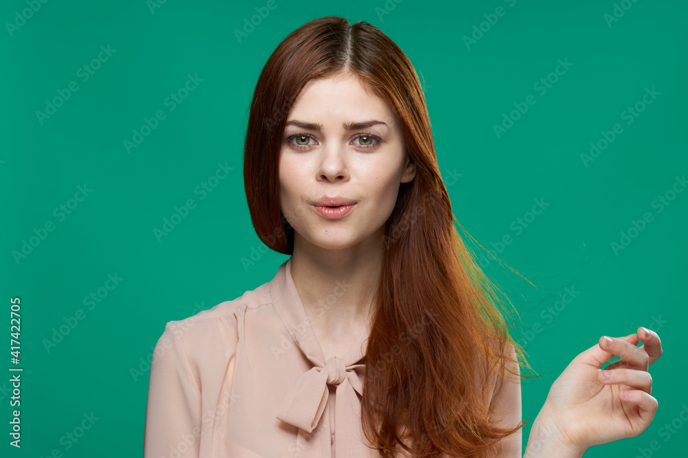 pretty woman attractive hair glamor smile studio green background pretty woman attractive hair glamor smile studio green background
