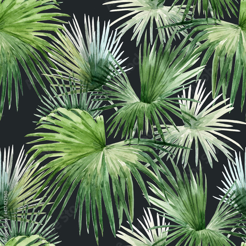 Beautiful seamless pattern with watercolor tropical palm leaves. Stock illustration.