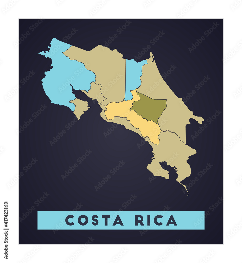 Costa Rica map. Country poster with regions. Shape of Costa Rica with country name. Radiant vector illustration.