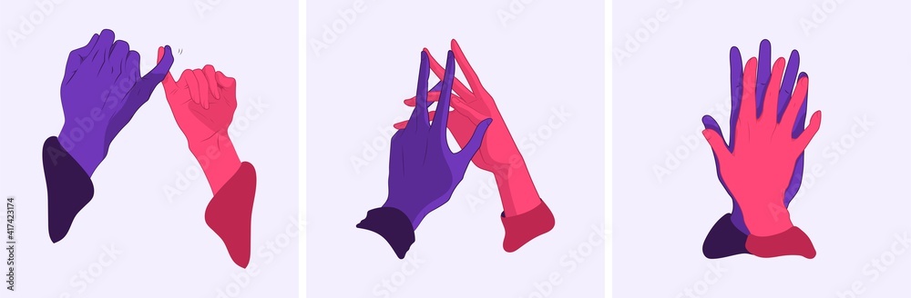 Hands in a gesture of truce. Vector illustration. Peace and friendship. Set of vector hands. - obrazy, fototapety, plakaty 