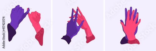 Hands in a gesture of truce. Vector illustration. Peace and friendship. Set of vector hands.