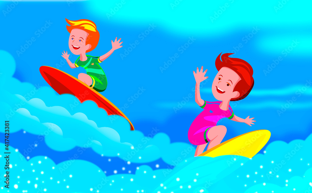 Young people surfing. Child on a surfboard on the ocean wave.
   Active water sports for children.