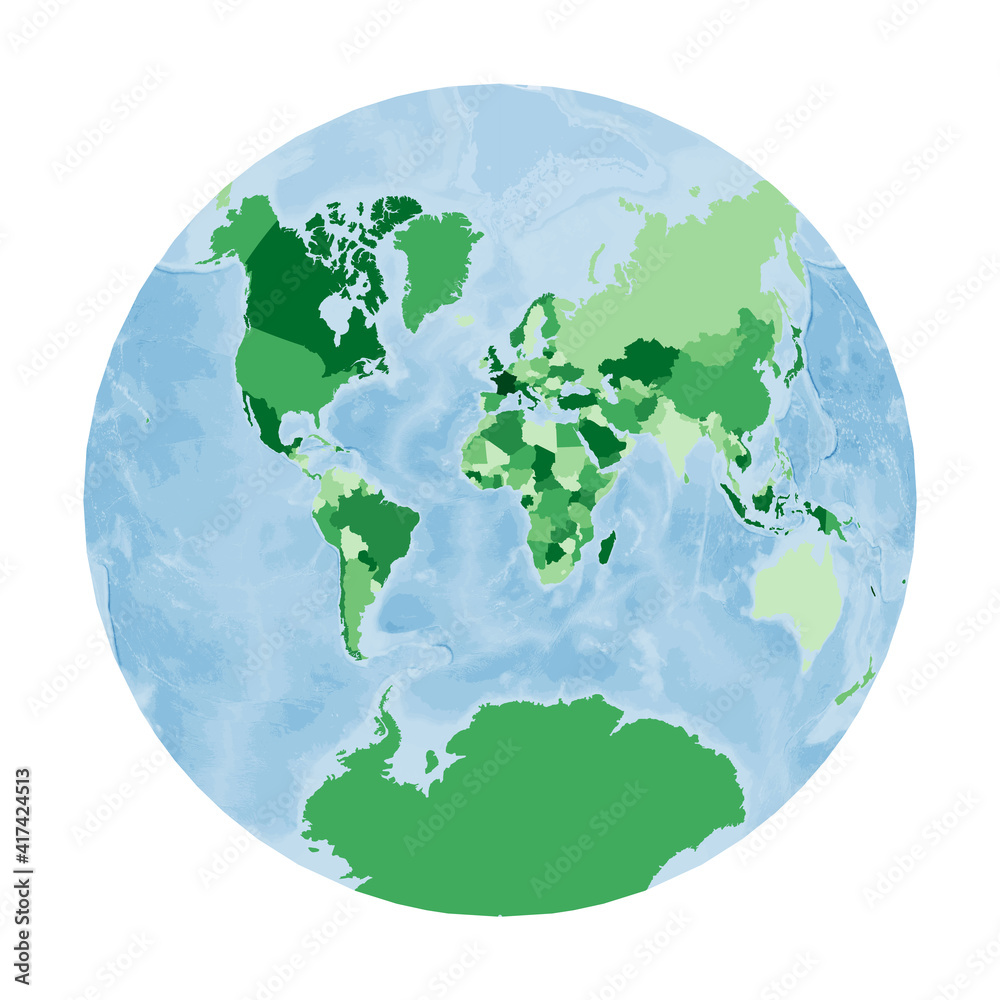 World Map. Van der Grinten II projection. World in green colors with blue ocean. Vector illustration.