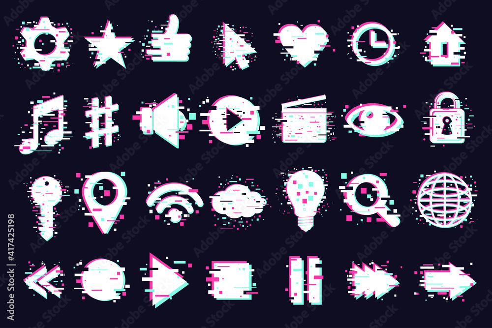 Web icons set. User interface symbols, glitch style. GUI elements isolated on white. Vector clipart collection for mobile app.
