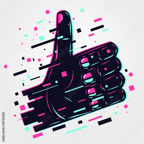 Hand sign. Human arm, like icon. Glitch style illustration. Neon color vector background. Fingers symbol. Signs language.