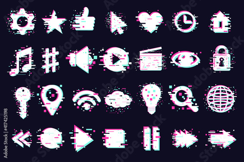 Web icons set. User interface symbols, glitch style. GUI elements isolated on white. Vector clipart collection for mobile app.