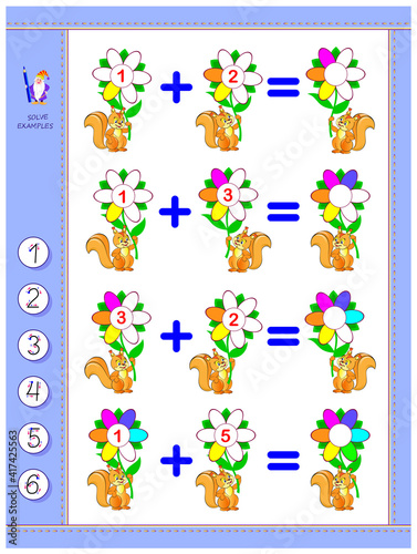 Educational page for children on addition. Solve examples and write the numbers in circles. Printable worksheet for kids math school textbook. Play online. IQ test. Mathematical exercise book.