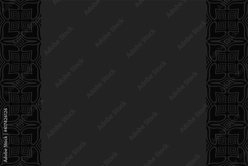 Geometric black volumetric background from a relief ethnic pattern based on the peoples of Africa, Mexico. Vertical inserts. 3D convex shape effect for web design, presentations.