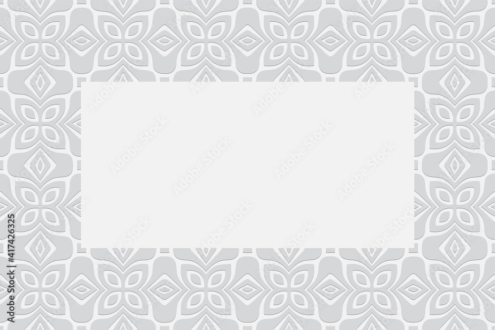 Geometric white volumetric background from a relief ethnic pattern in the style of Africa, India. Frame for text. 3D convex shape effect for wallpaper, web design, presentations. Geometric white volumetric background from a relief ethnic pattern in the style of Africa, India. Frame for text. 3D convex shape effect for wallpaper, web design, presentations.