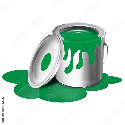 An open can with spilled paint and a green spot. Vector illustration.