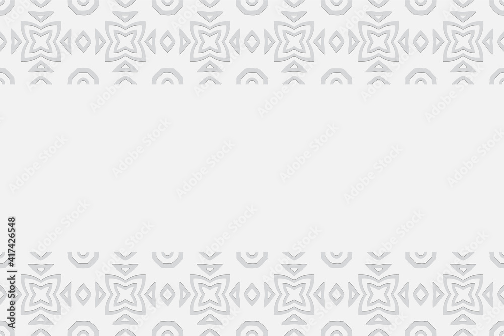 Geometric white volumetric background from a relief pattern with ethnic elements of the peoples of Africa, Mexico. Horizontal inserts. 3D effect of a convex shape for wallpaper, presentations.