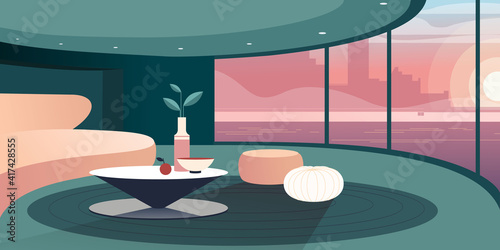 Abstract modern Interior with panoramic window. Vector mockup for background a layout landing page or design advertising banner or booklet. Contemporary architecture illustration.