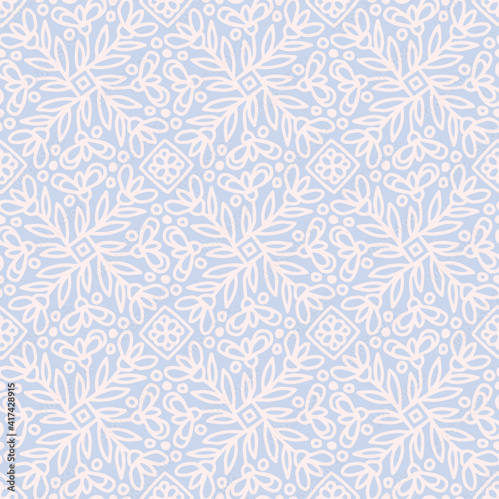 seamless pattern with light brown folk style floral ornaments drawn on a blue background, pattern, vector, textile, tile