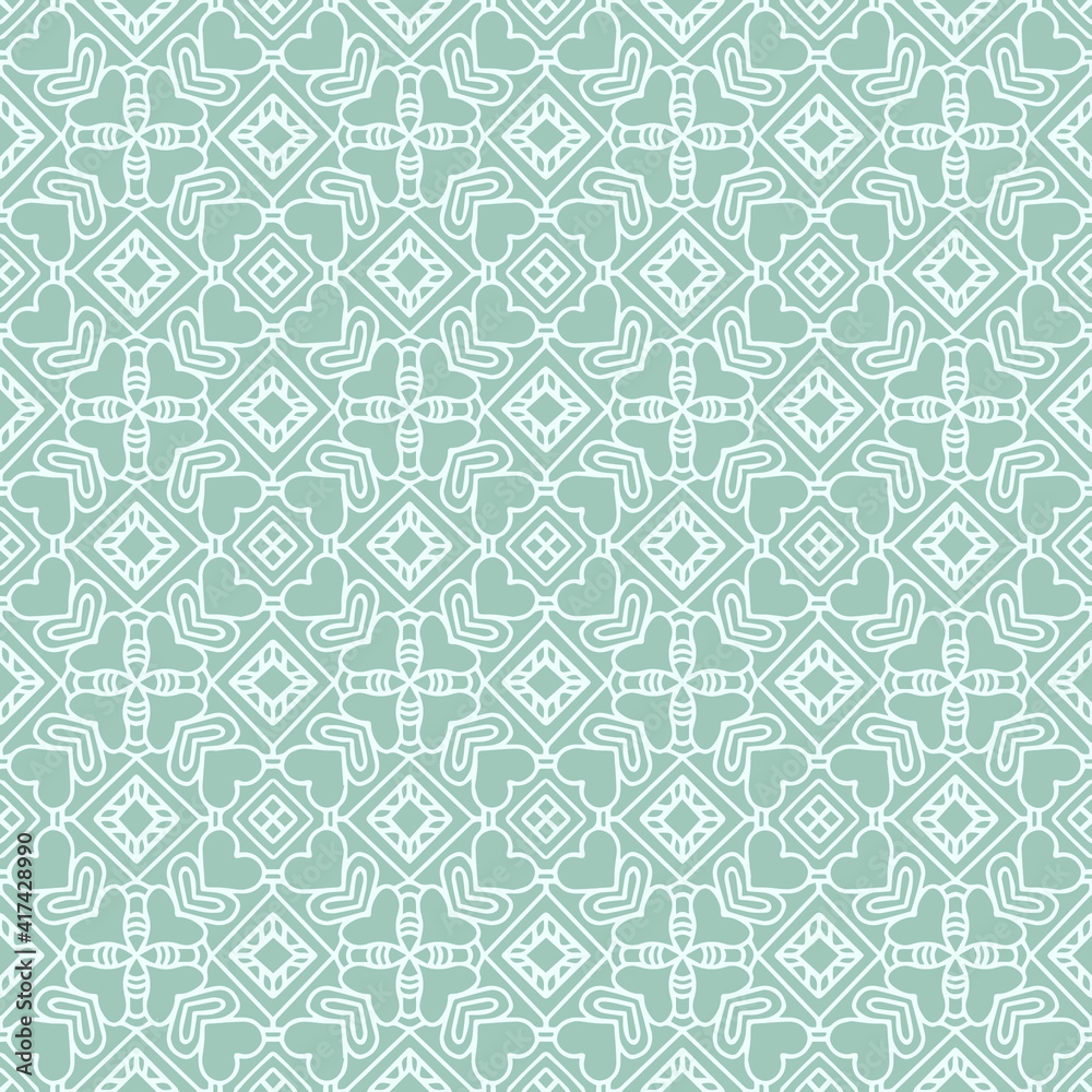 tile with folk style ornaments and light green hearts drawn on a green background, seamless pattern, vector, textile